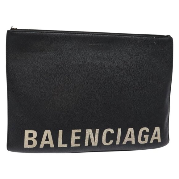 BALENCIAGA Clutch Bag Leather Black Silver 636903 Auth gh604 - Picture 1 of 16